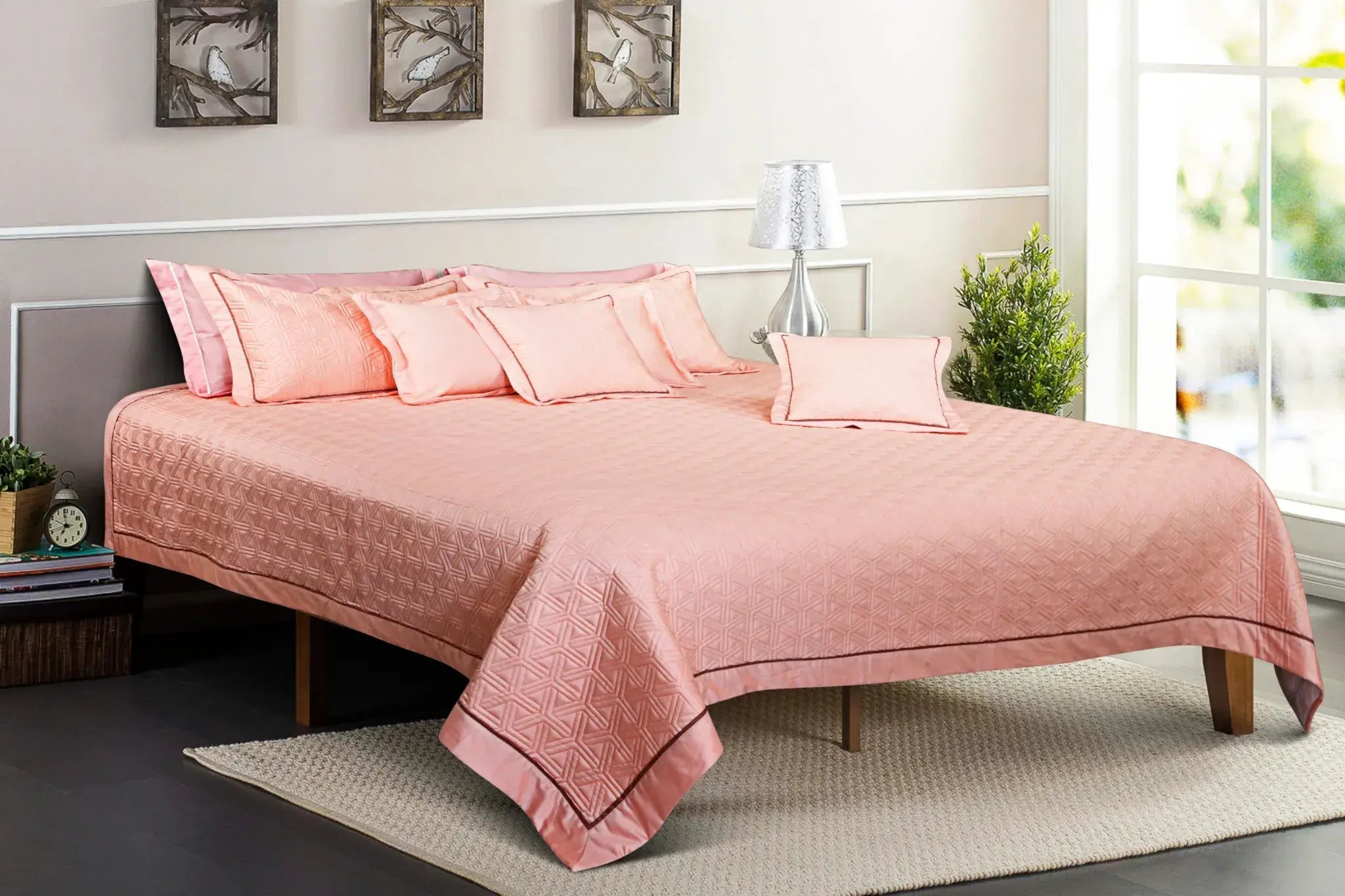 Malako Kairo 500 TC Peach Solid King Size 100% Cotton Quilted Bed Cover Set - MALAKO