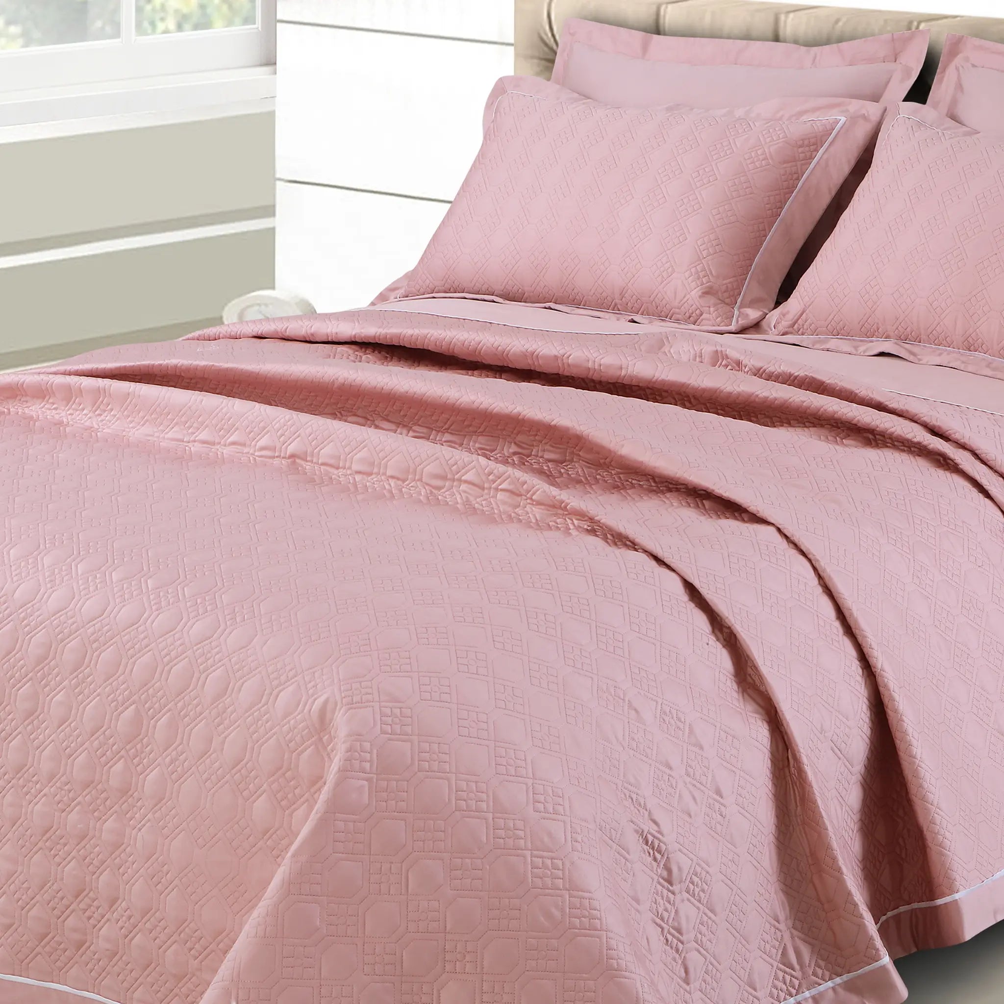 Malako Kairo 500 TC Rose Pink Solid King Size 100% Cotton Quilted Bed Cover/Embroidered Bed Sheet Set - MALAKO