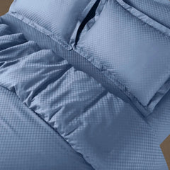 Malako Lyon Jacquard Blue Checks 450 TC 100% Cotton King Size 7 Piece Duvet Cover Set - MALAKO