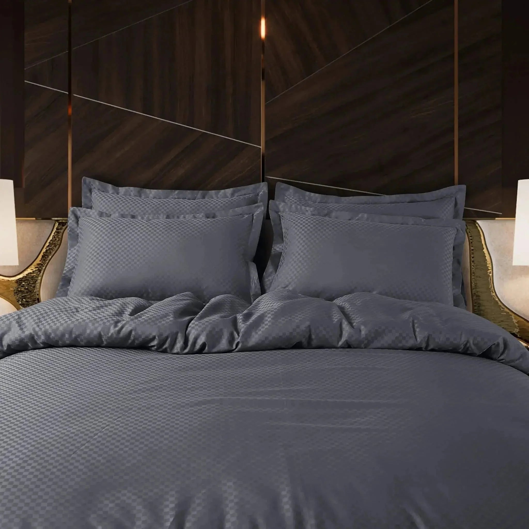 Malako Lyon Jacquard Grey Checks 450 TC 100% Cotton King Size 7 Piece Duvet Cover Set - MALAKO