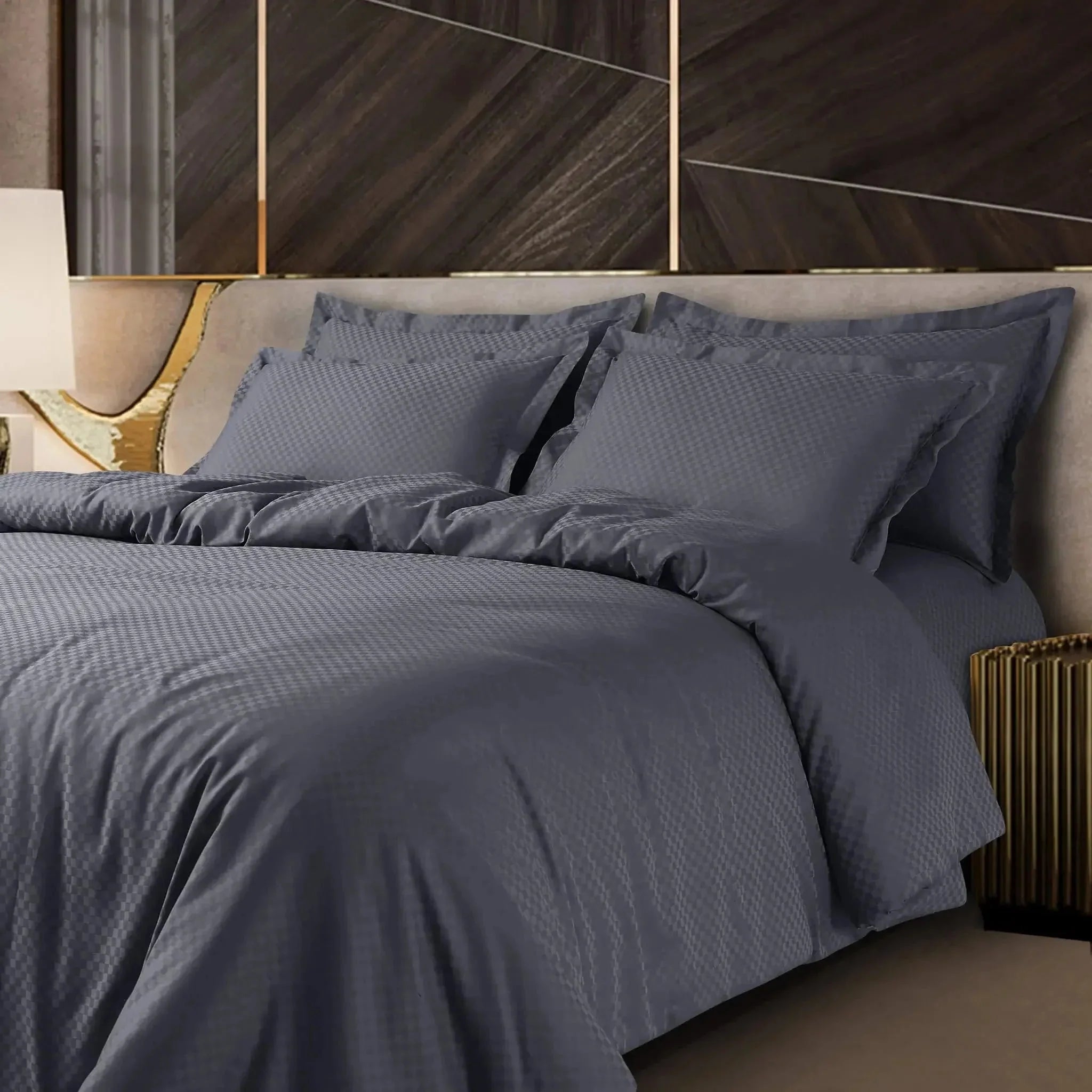 Malako Lyon Jacquard Grey Checks 450 TC 100% Cotton King Size 7 Piece Duvet Cover Set - MALAKO