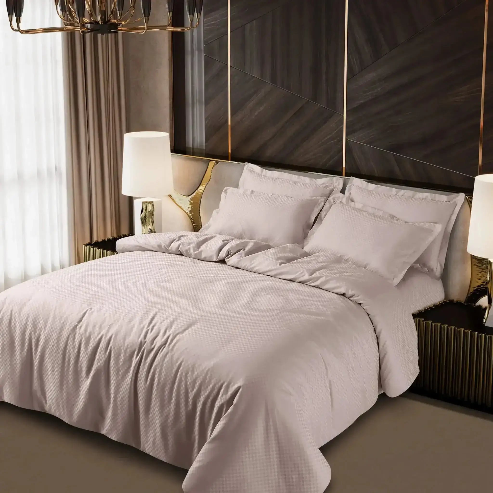 Malako Lyon Jacquard Light Beige Checks 450 TC 100% Cotton King Size Bed Sheet - MALAKO