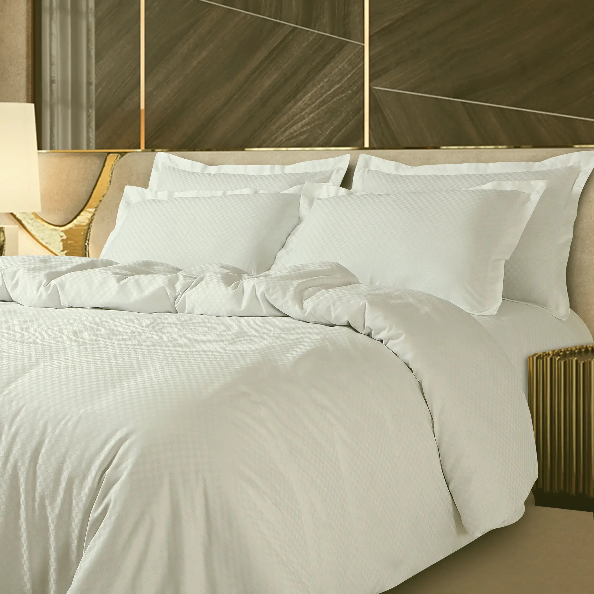 Malako Lyon Jacquard Off-White Checks 450 TC 100% Cotton King Size 6 Piece Comforter Set - MALAKO