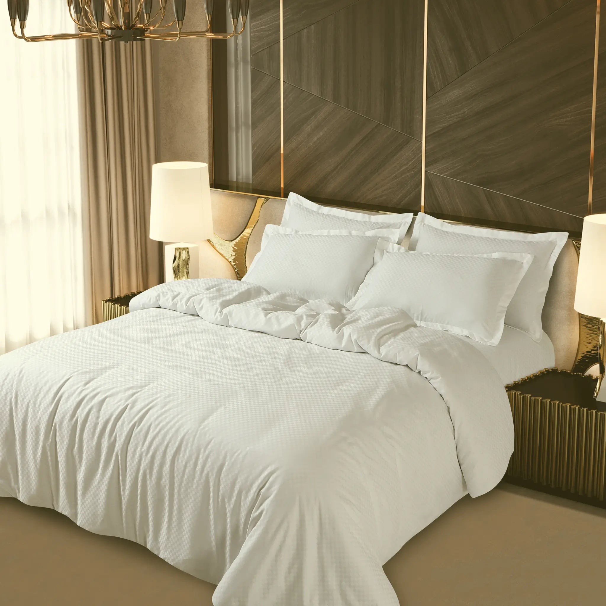 Malako Lyon Jacquard Off-White Checks 450 TC 100% Cotton King Size 6 Piece Comforter Set - MALAKO