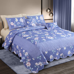 Malako Royale 100% Cotton Blue Floral King Size 5 Piece Quilted Bedspread Set - MALAKO