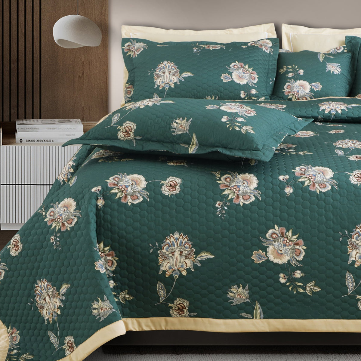Malako Royale 100% Cotton Green Botanic King Size 5 Piece Quilted Bedspread Set - MALAKO