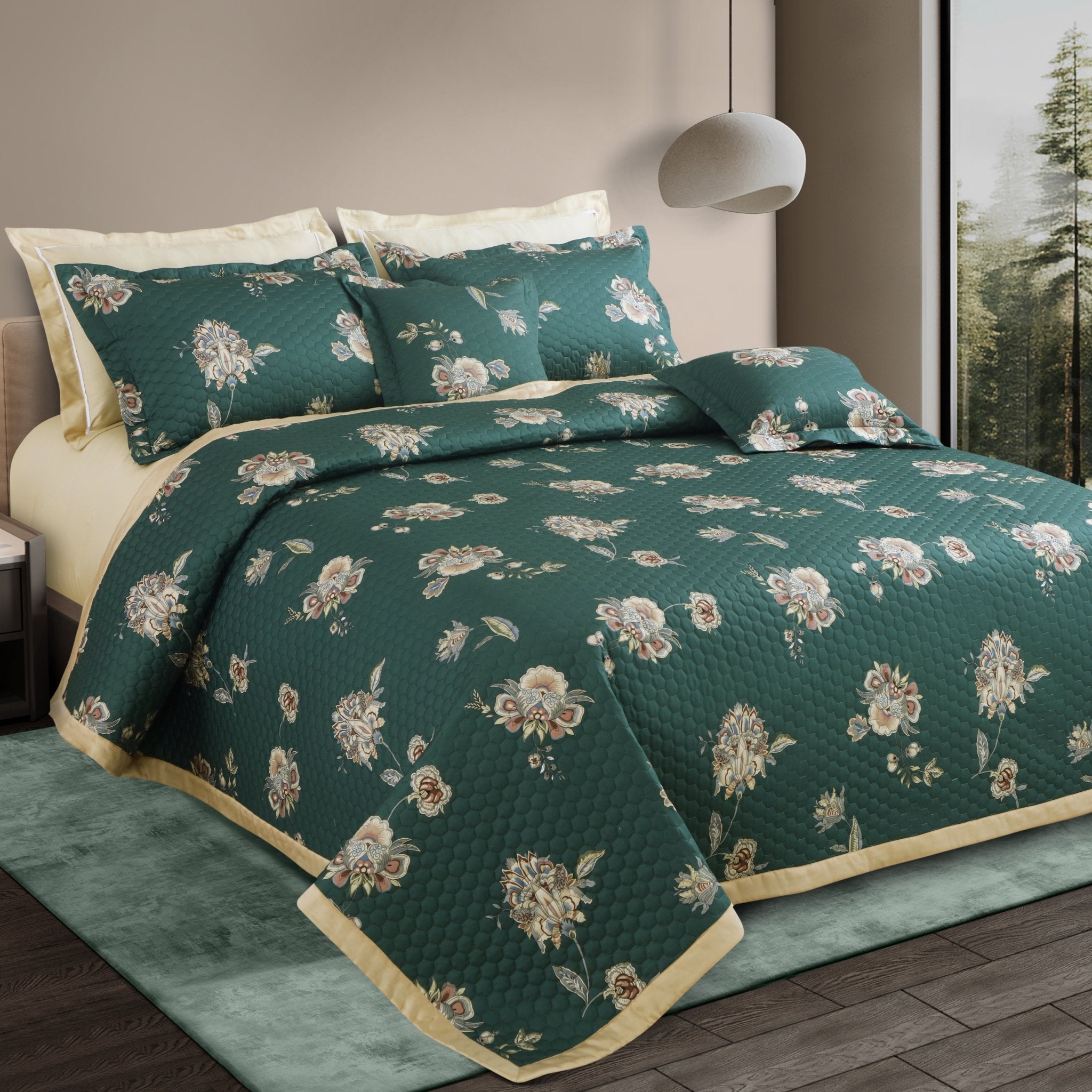 Malako Royale 100% Cotton Green Botanic King Size 5 Piece Quilted Bedspread Set - MALAKO