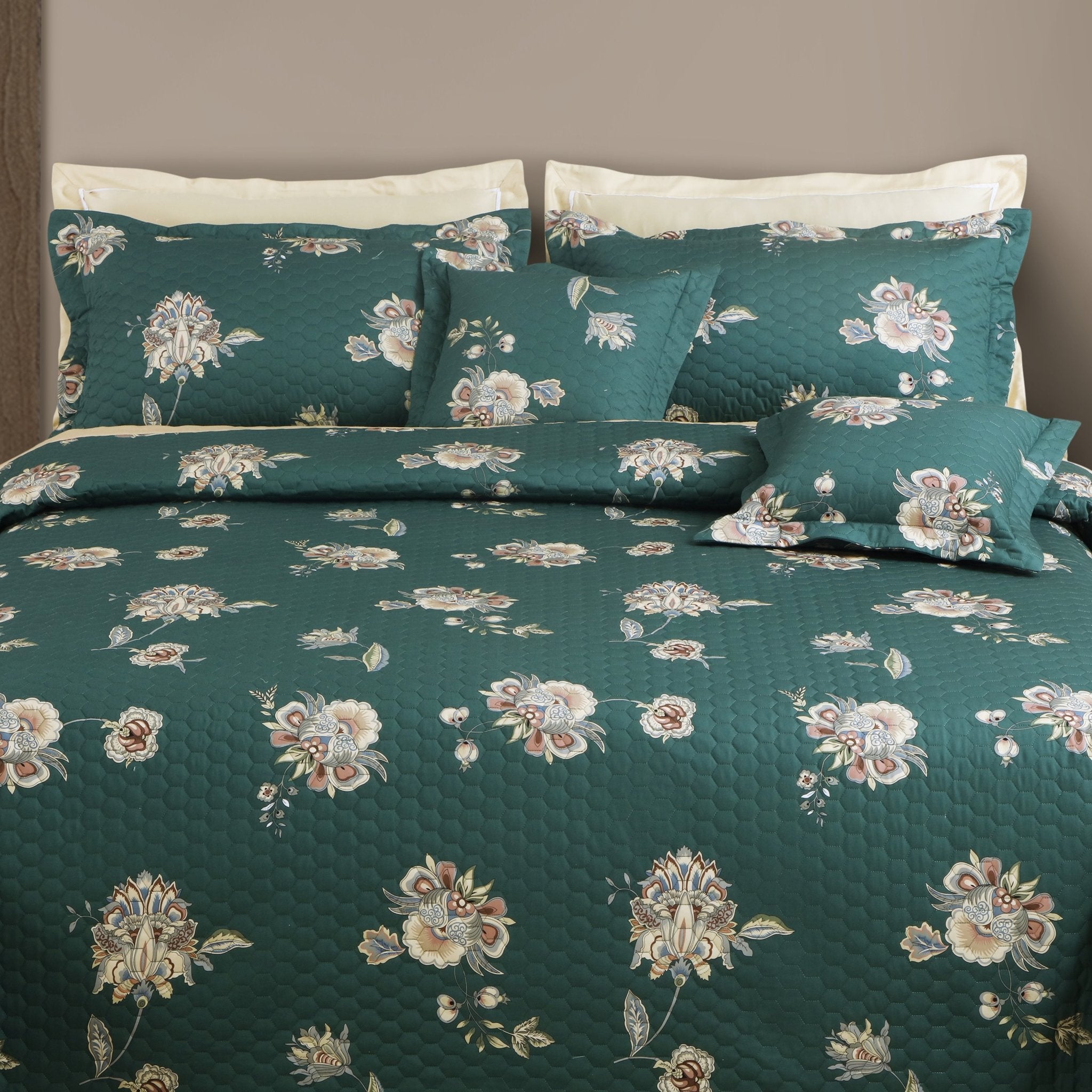 Malako Royale 100% Cotton Green Botanic King Size 5 Piece Quilted Bedspread Set - MALAKO