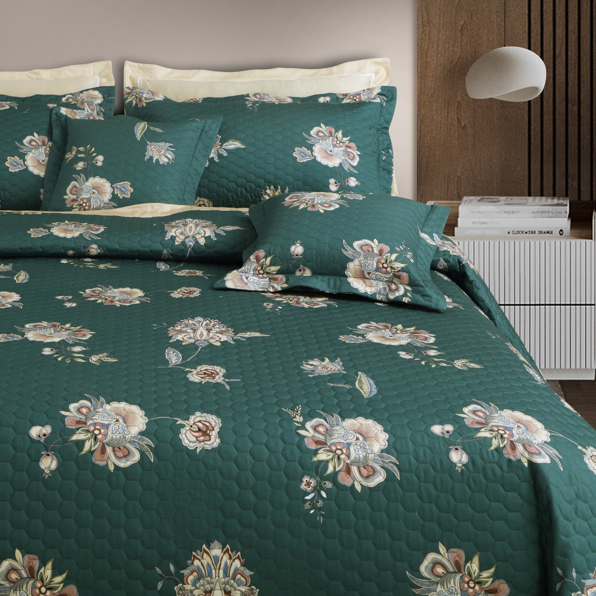 Malako Royale 100% Cotton Green Botanic King Size 5 Piece Quilted Bedspread Set - MALAKO