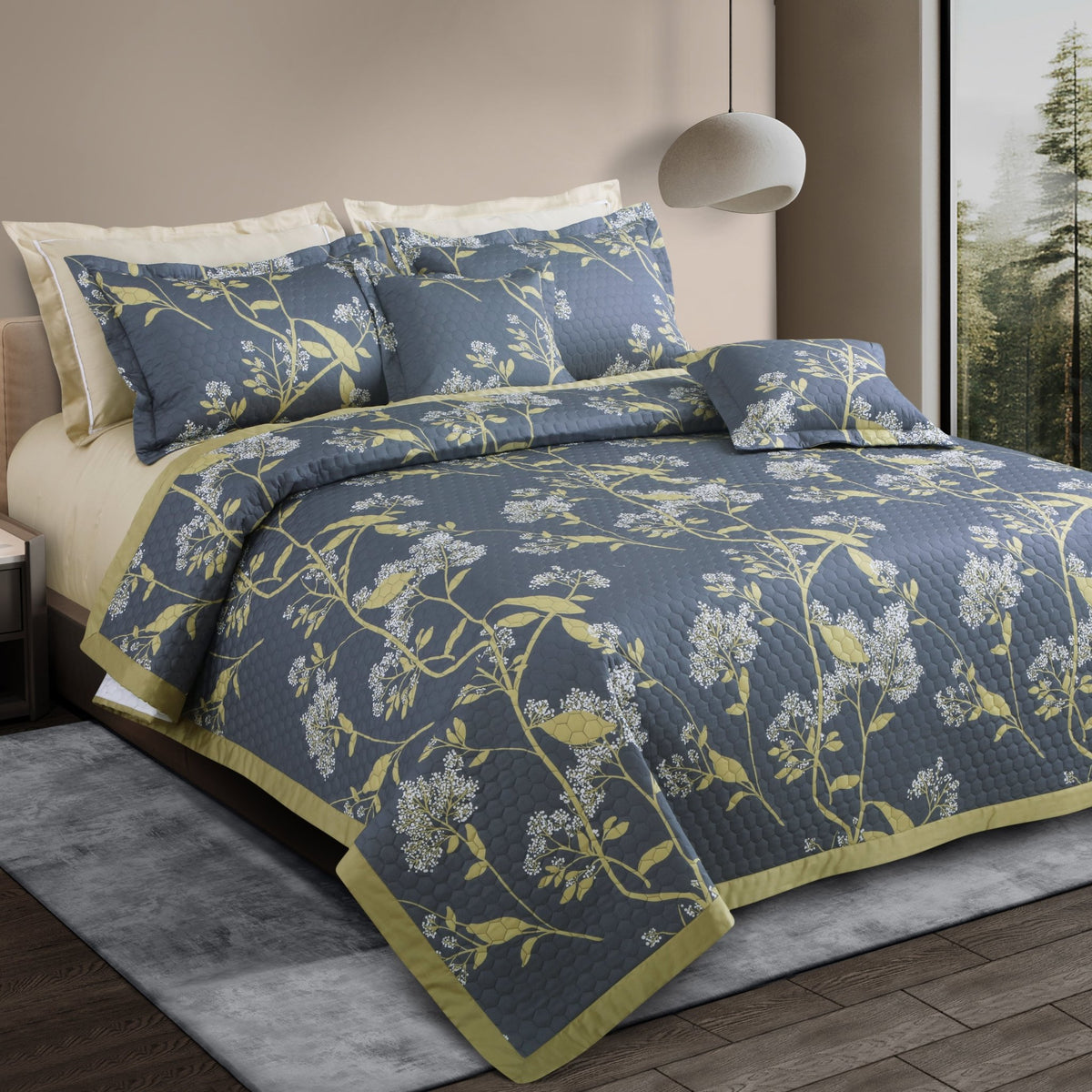 Malako Royale 100% Cotton Grey and Yellow Botanic King Size 5 Piece Quilted Bedspread Set - MALAKO