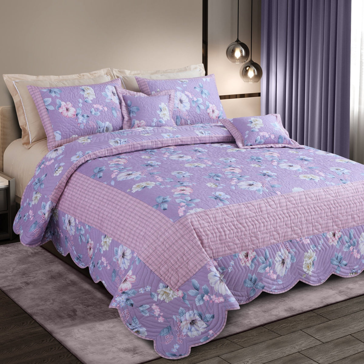 Malako Royale 100% Cotton Lilac Floral King Size 5 Piece Quilted Bedspread Set - MALAKO