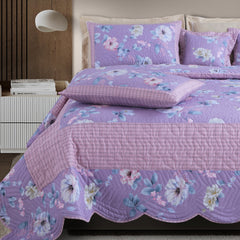 Malako Royale 100% Cotton Lilac Floral King Size 5 Piece Quilted Bedspread Set - MALAKO