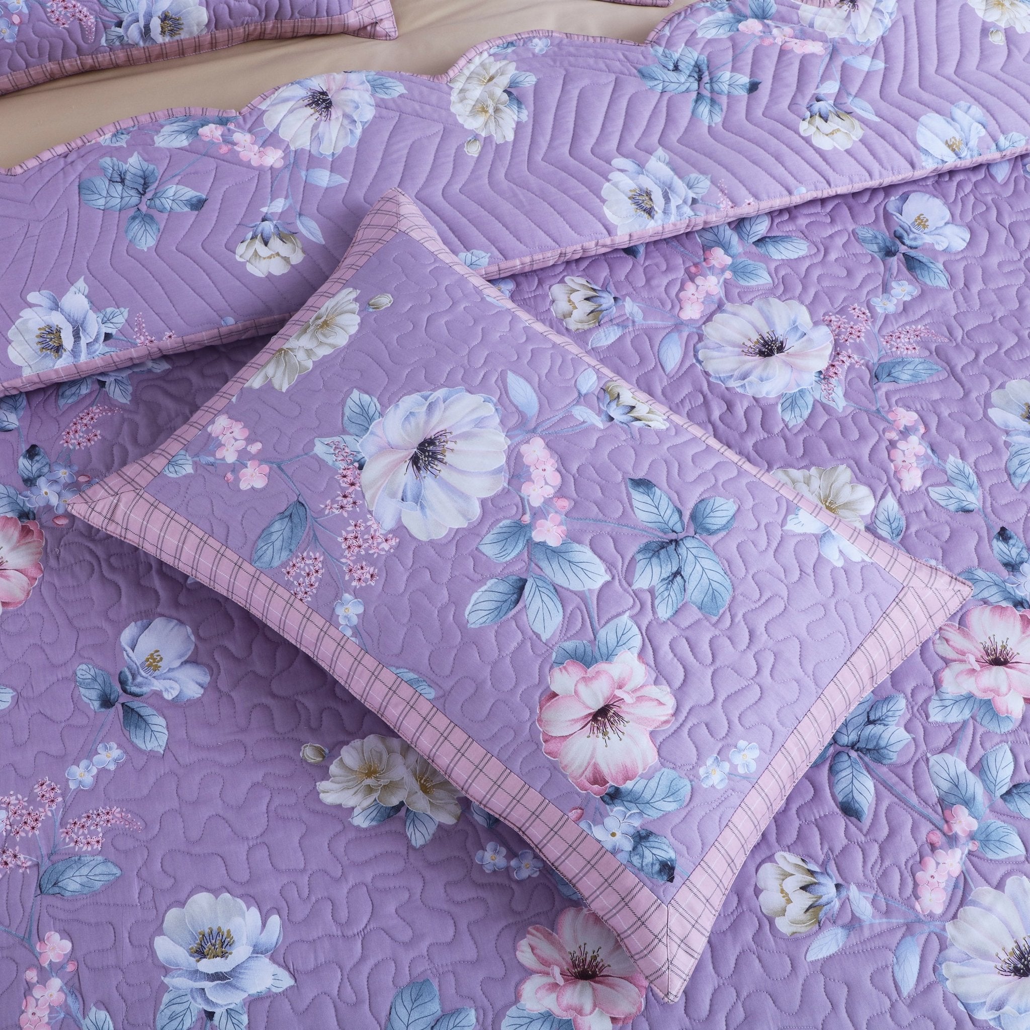 Malako Royale 100% Cotton Lilac Floral King Size 5 Piece Quilted Bedspread Set - MALAKO