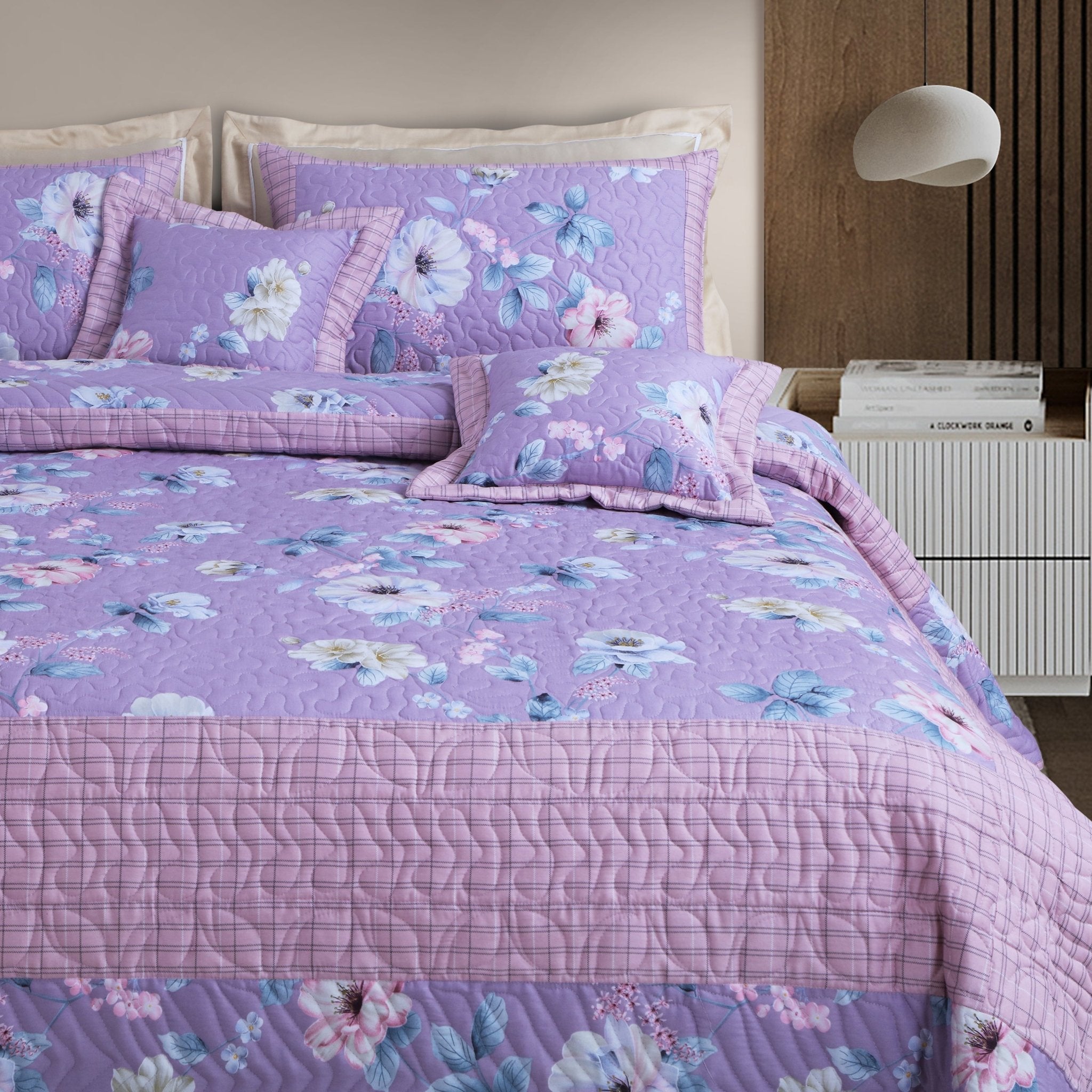 Malako Royale 100% Cotton Lilac Floral King Size 5 Piece Quilted Bedspread Set - MALAKO