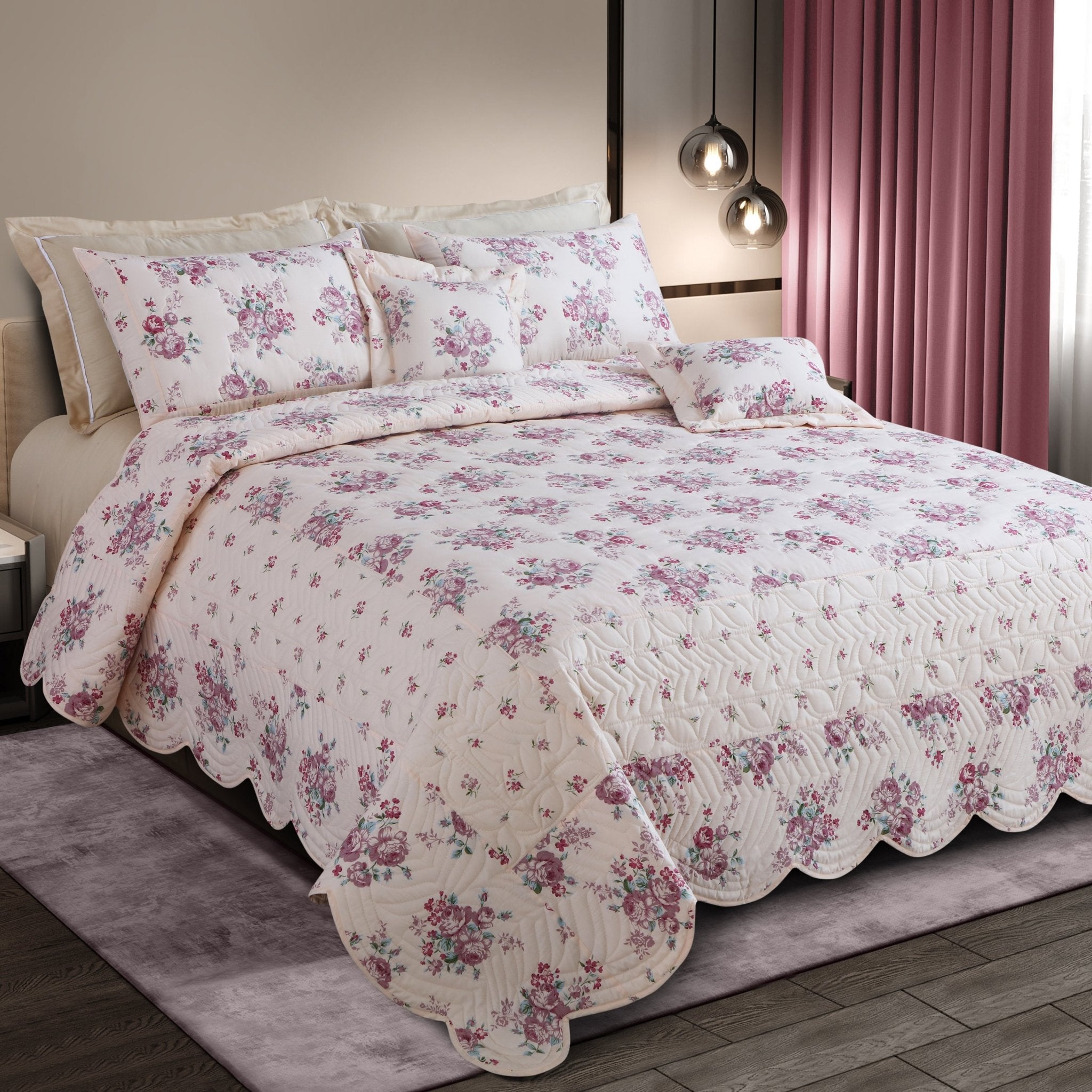Malako Royale 100% Cotton Off White Floral King Size 5 Piece Quilted Bedspread Set - MALAKO
