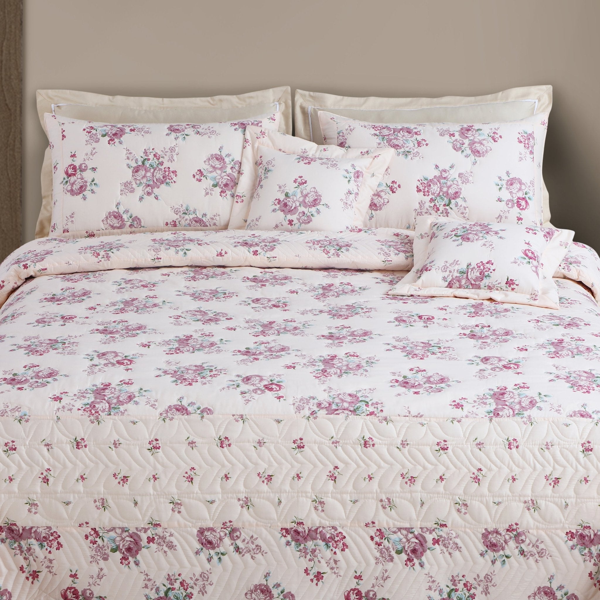 Malako Royale 100% Cotton Off White Floral King Size 5 Piece Quilted Bedspread Set - MALAKO