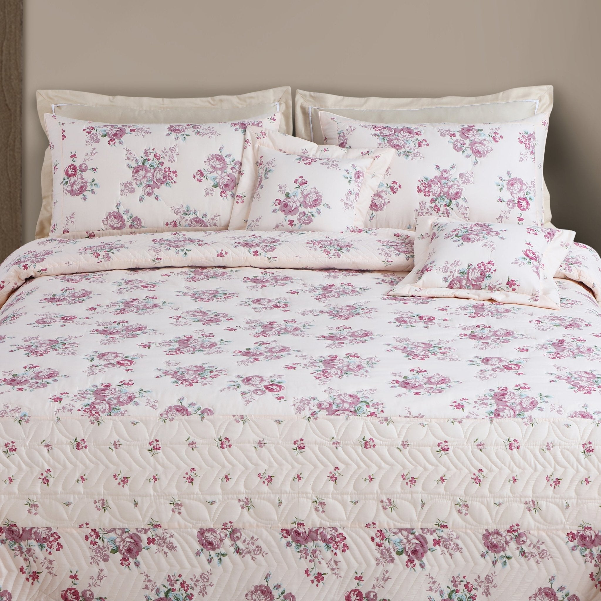 Malako Royale 100% Cotton Off White Floral King Size 5 Piece Quilted Bedspread Set - MALAKO