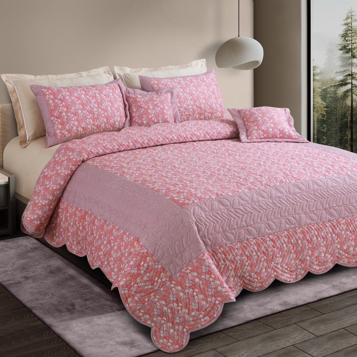 Malako Royale 100% Cotton Red Floral King Size 5 Piece Quilted Bedspread Set - MALAKO