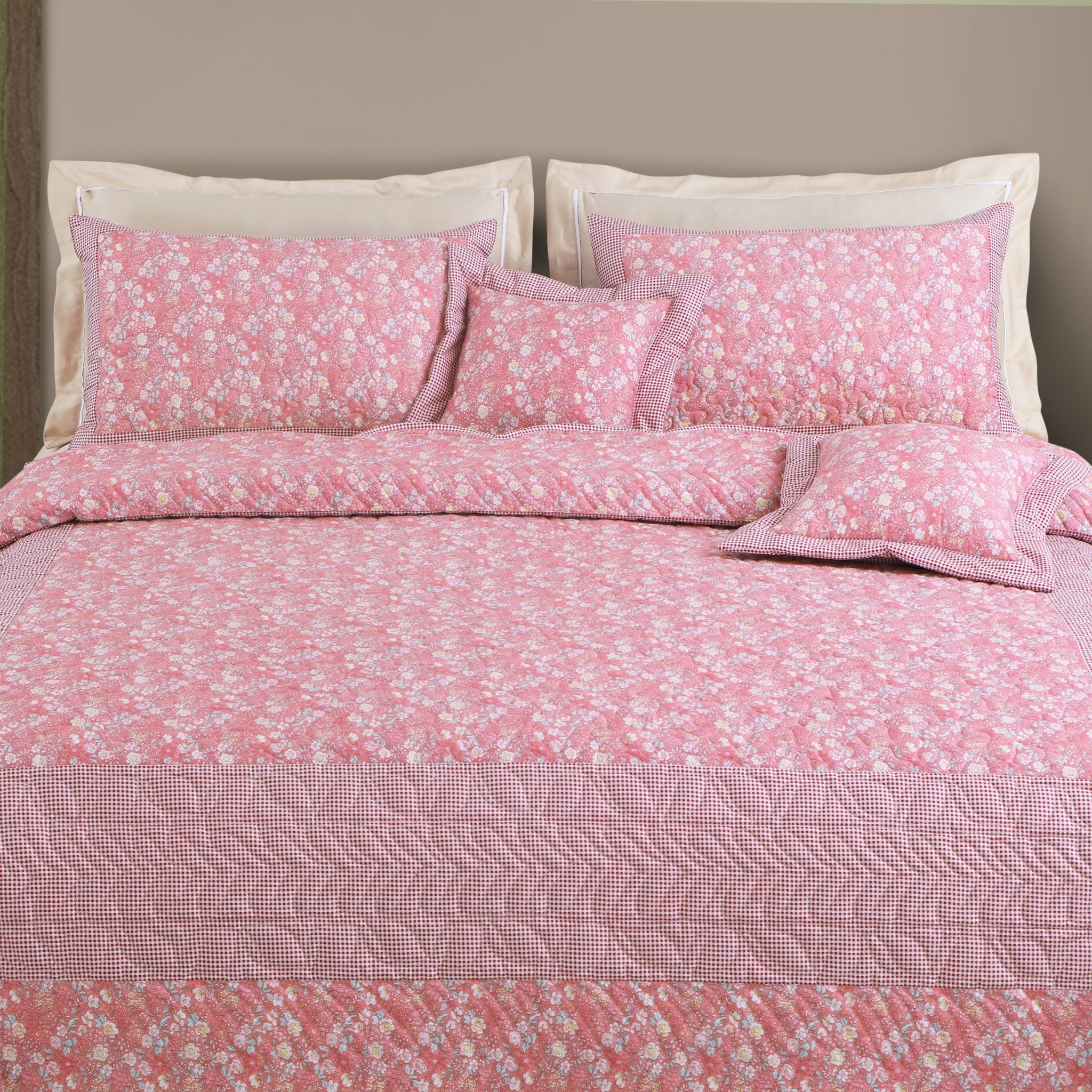 Malako Royale 100% Cotton Red Floral King Size 5 Piece Quilted Bedspread Set - MALAKO