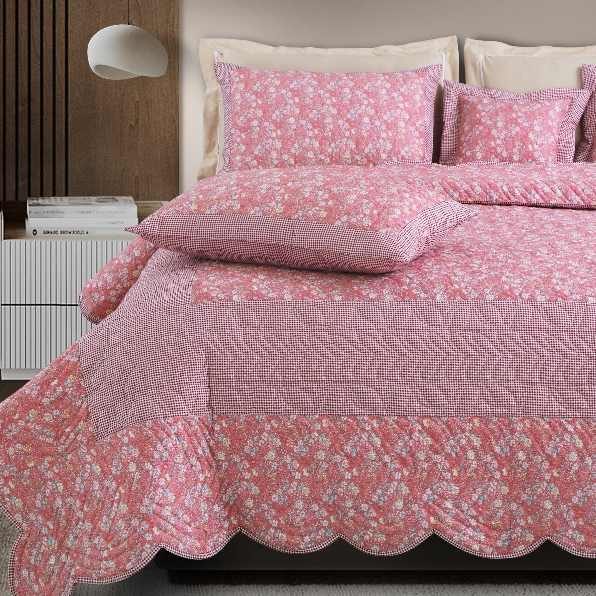 Malako Royale 100% Cotton Red Floral King Size 5 Piece Quilted Bedspread Set - MALAKO