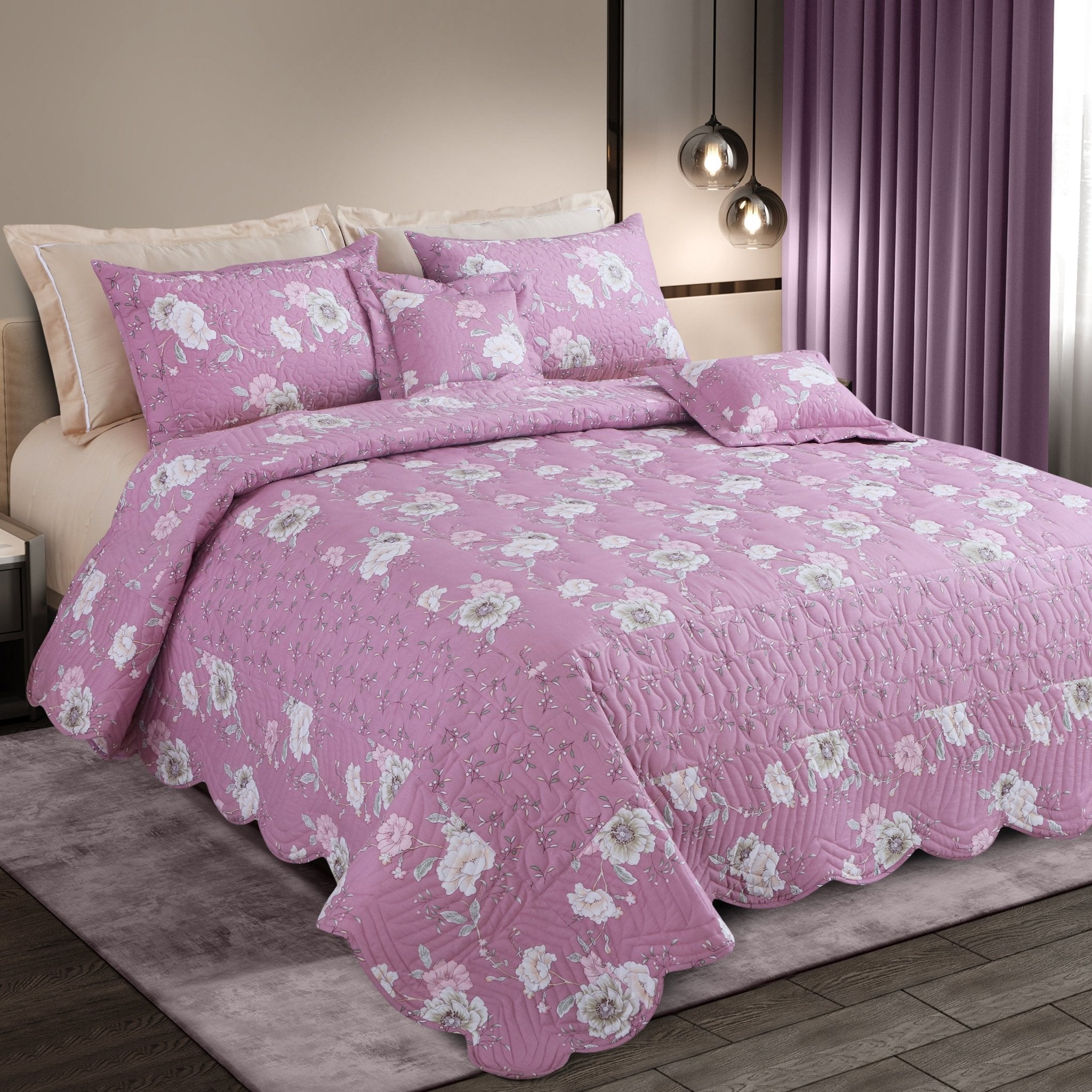 Malako Royale 100% Cotton Taffy Pink Floral King Size 5 Piece Quilted Bedspread Set - MALAKO