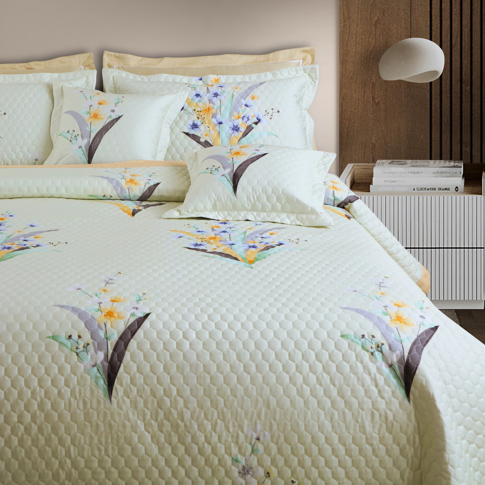 Malako Royale 100% Cotton Tea Green Botanic King Size 5 Piece Quilted Bedspread Set - MALAKO