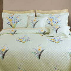 Malako Royale 100% Cotton Tea Green Botanic King Size 5 Piece Quilted Bedspread Set - MALAKO