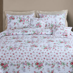 Malako Royale 100% Cotton White Floral King Size 5 Piece Quilted Bedspread Set - MALAKO