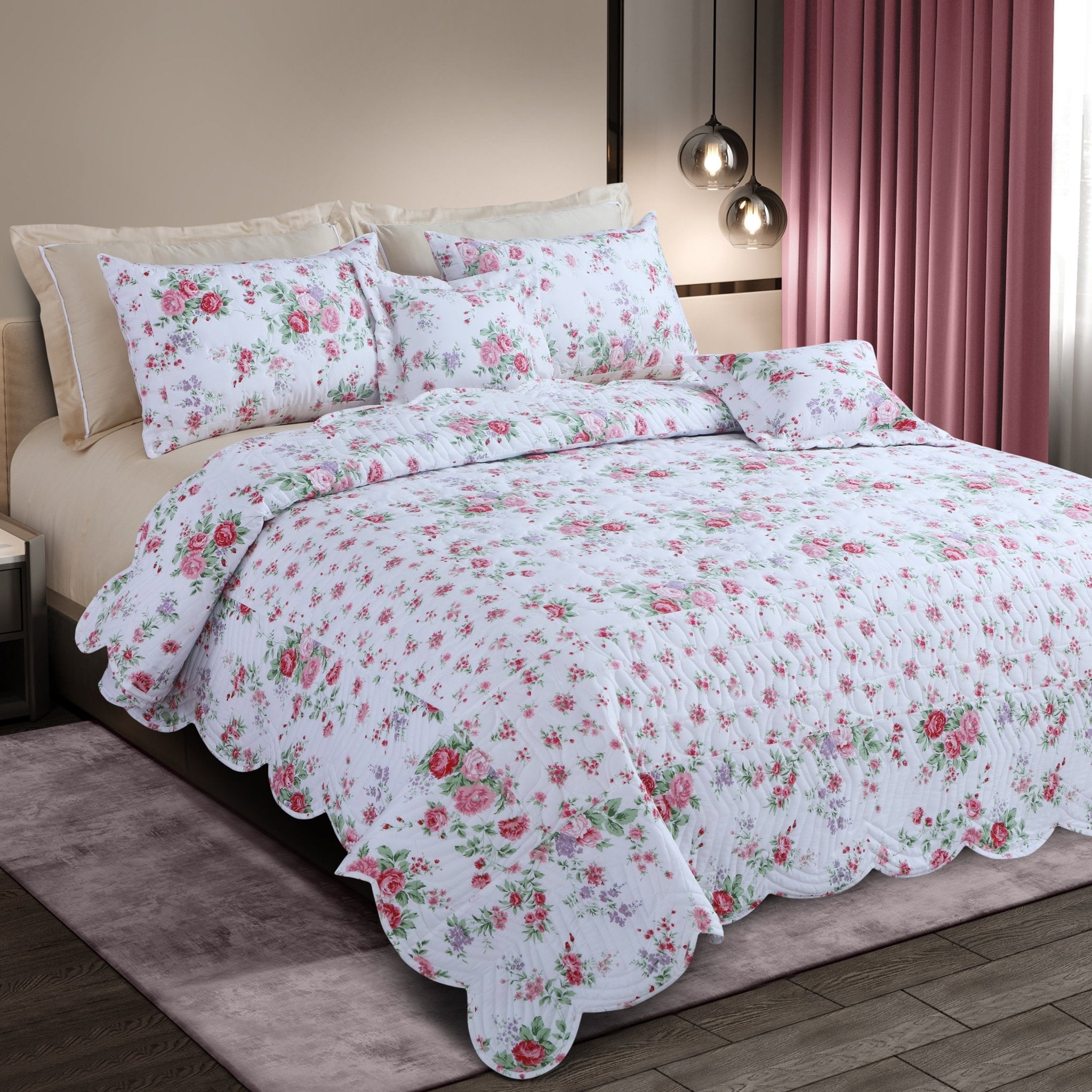 Malako Royale 100% Cotton White Floral King Size 5 Piece Quilted Bedspread Set - MALAKO