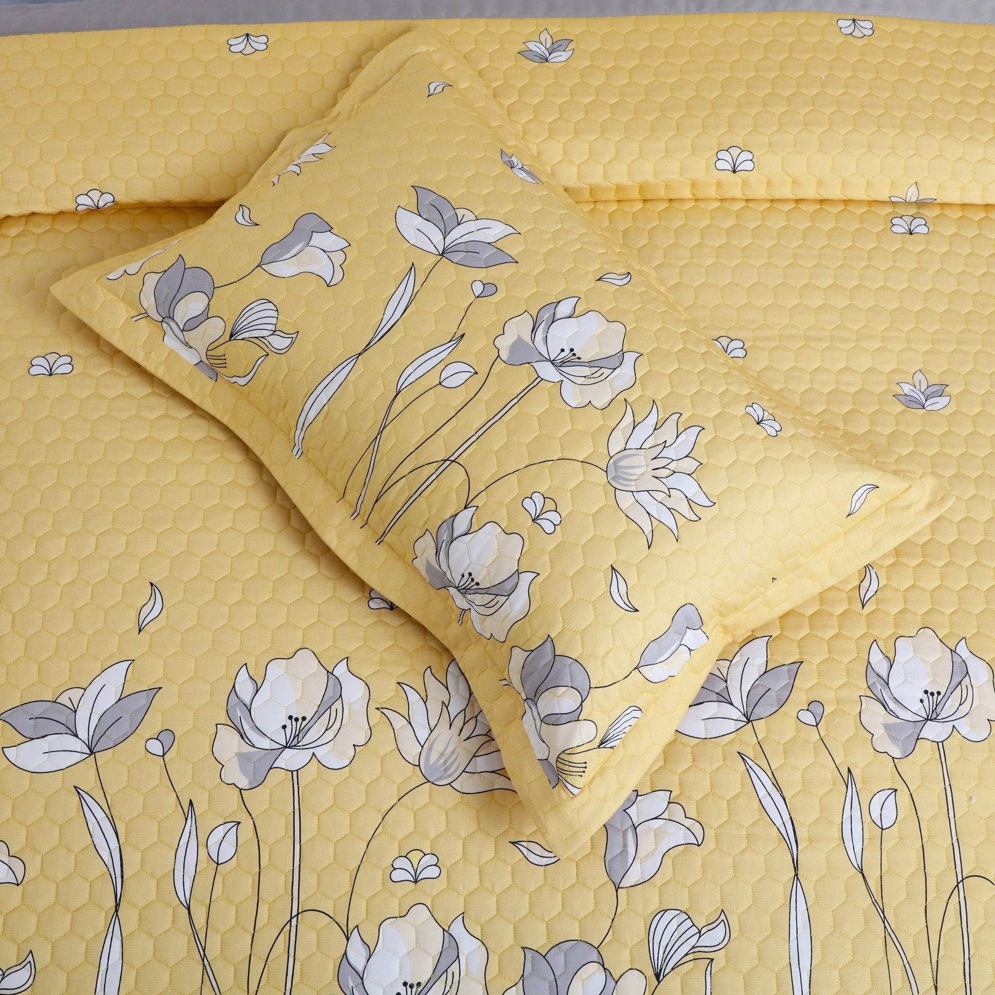 Malako Royale 100% Cotton Yellow Botanical King Size 5 Piece Quilted Bedspread Set - MALAKO