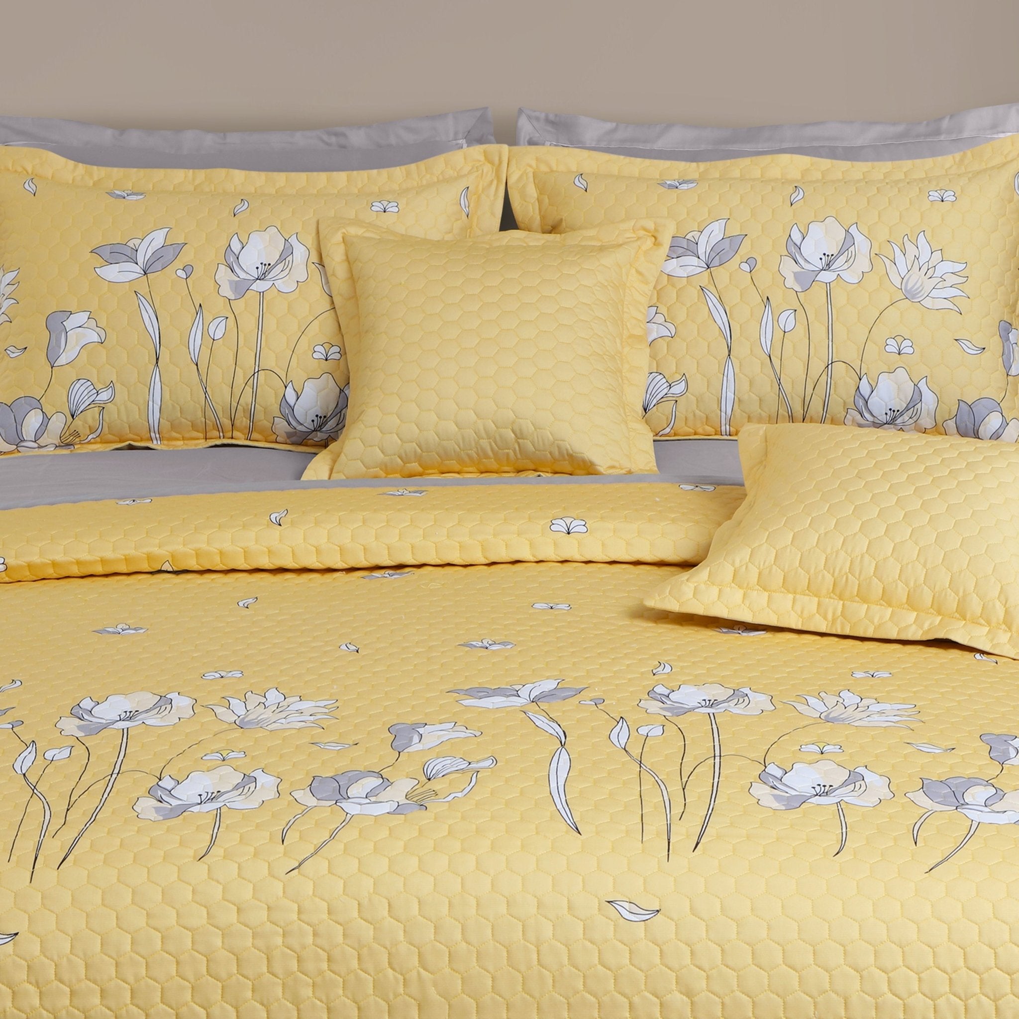 Malako Royale 100% Cotton Yellow Botanical King Size 5 Piece Quilted Bedspread Set - MALAKO