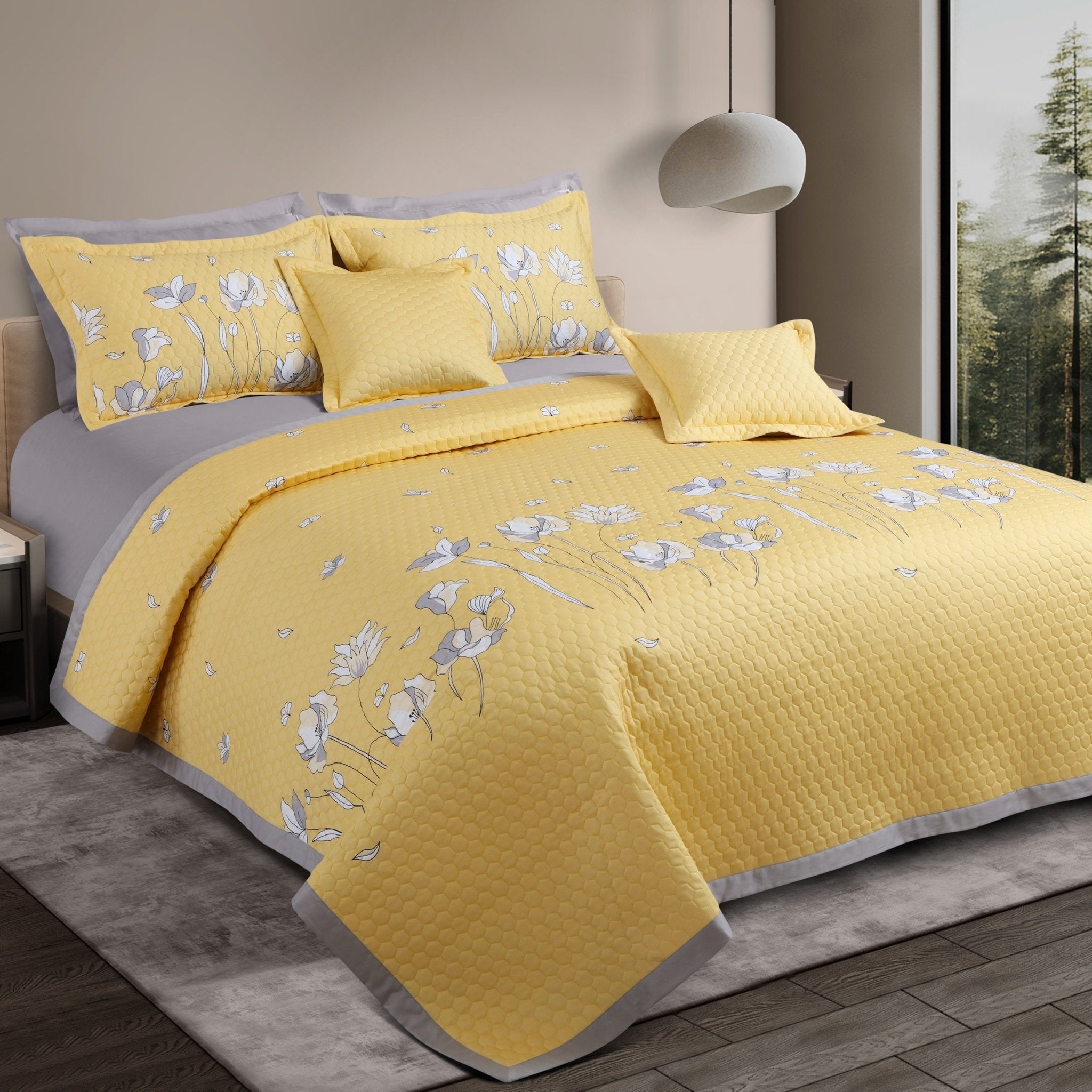 Malako Royale 100% Cotton Yellow Botanical King Size 5 Piece Quilted Bedspread Set - MALAKO