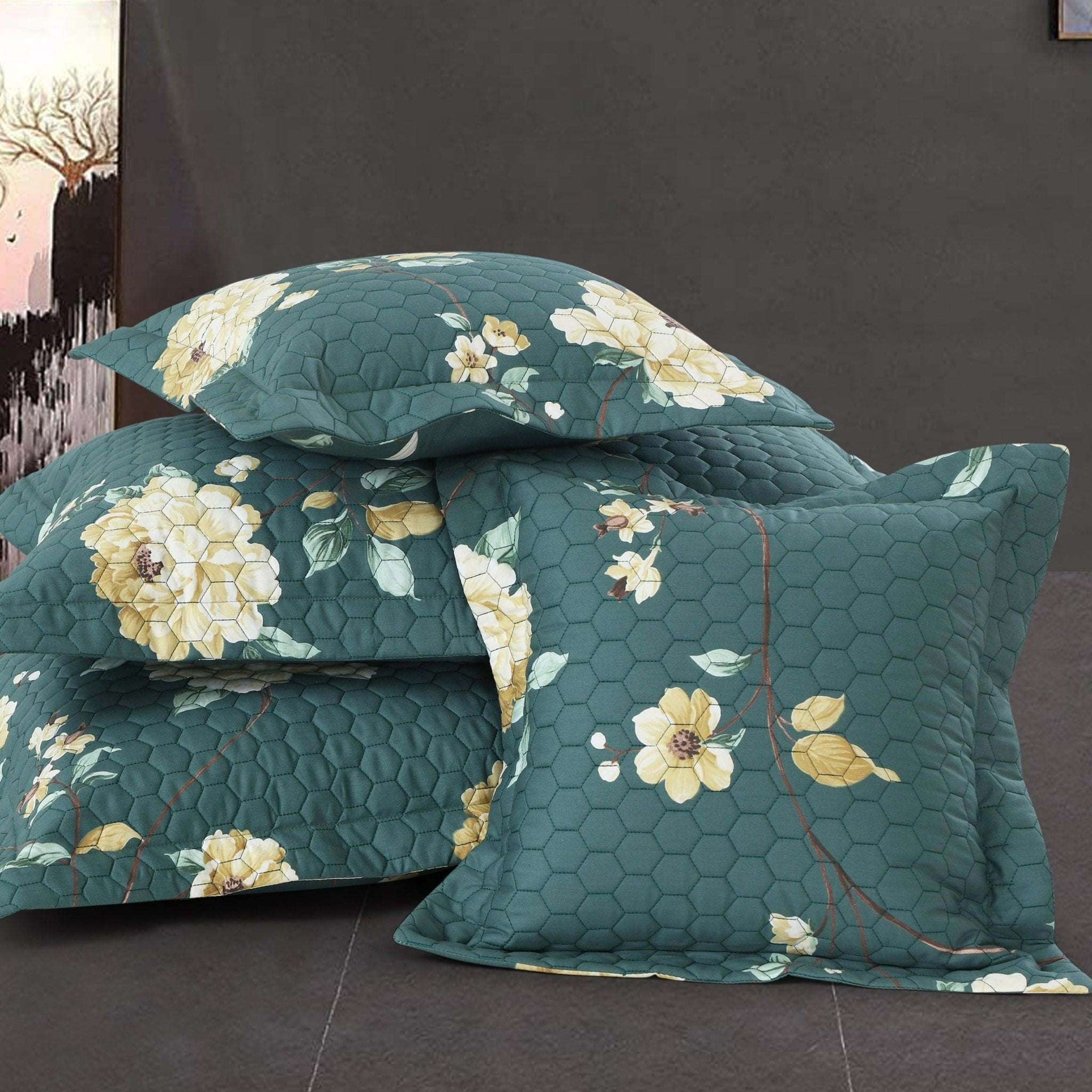 Malako Royale Quilted Bed Cover - Green Floral 100% Cotton King Size Bedspread - MALAKO