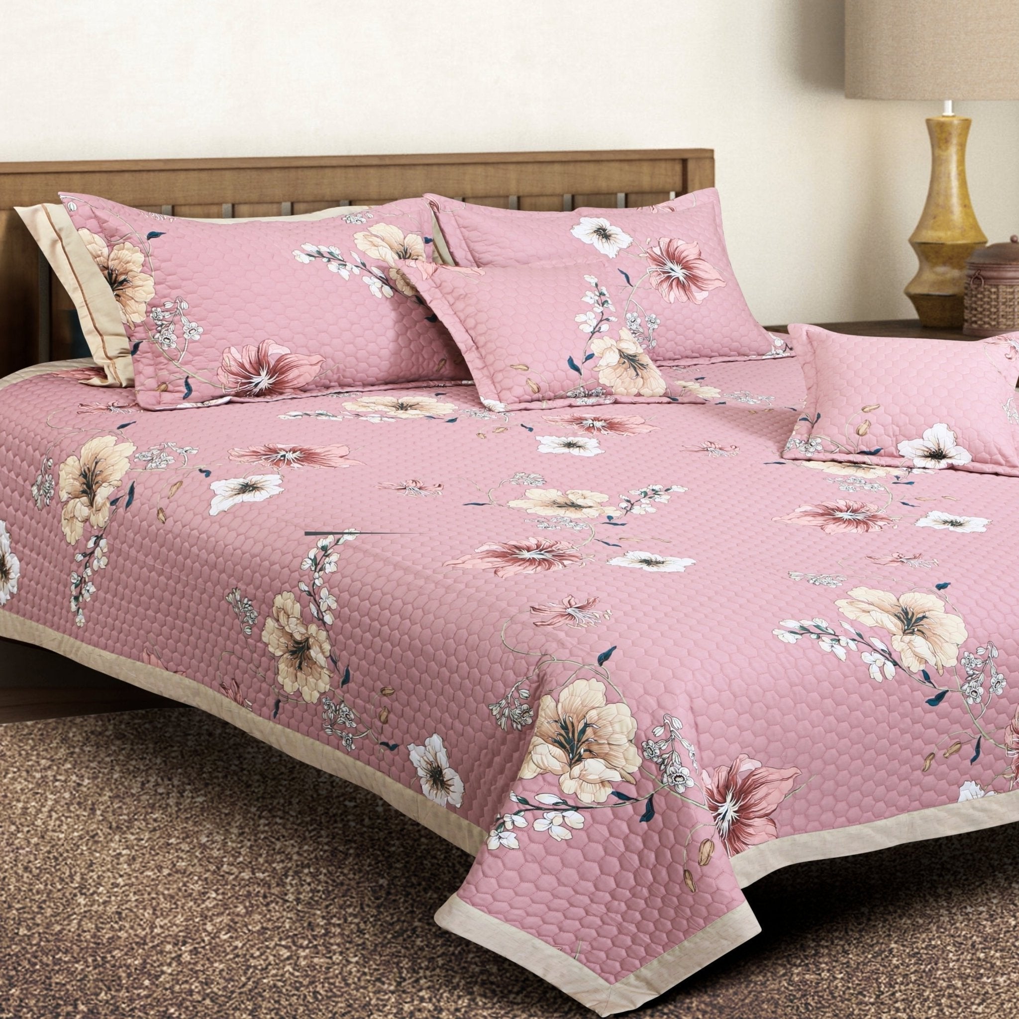 Malako Royale Quilted Bed Cover - Pink Floral 100% Cotton King Size Bedspread - MALAKO