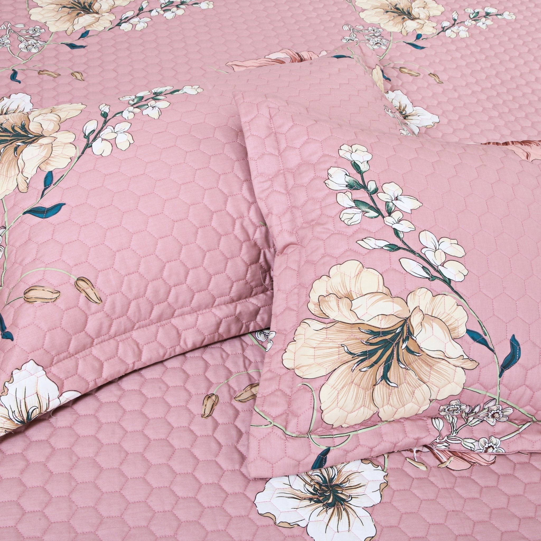 Malako Royale Quilted Bed Cover - Pink Floral 100% Cotton King Size Bedspread - MALAKO