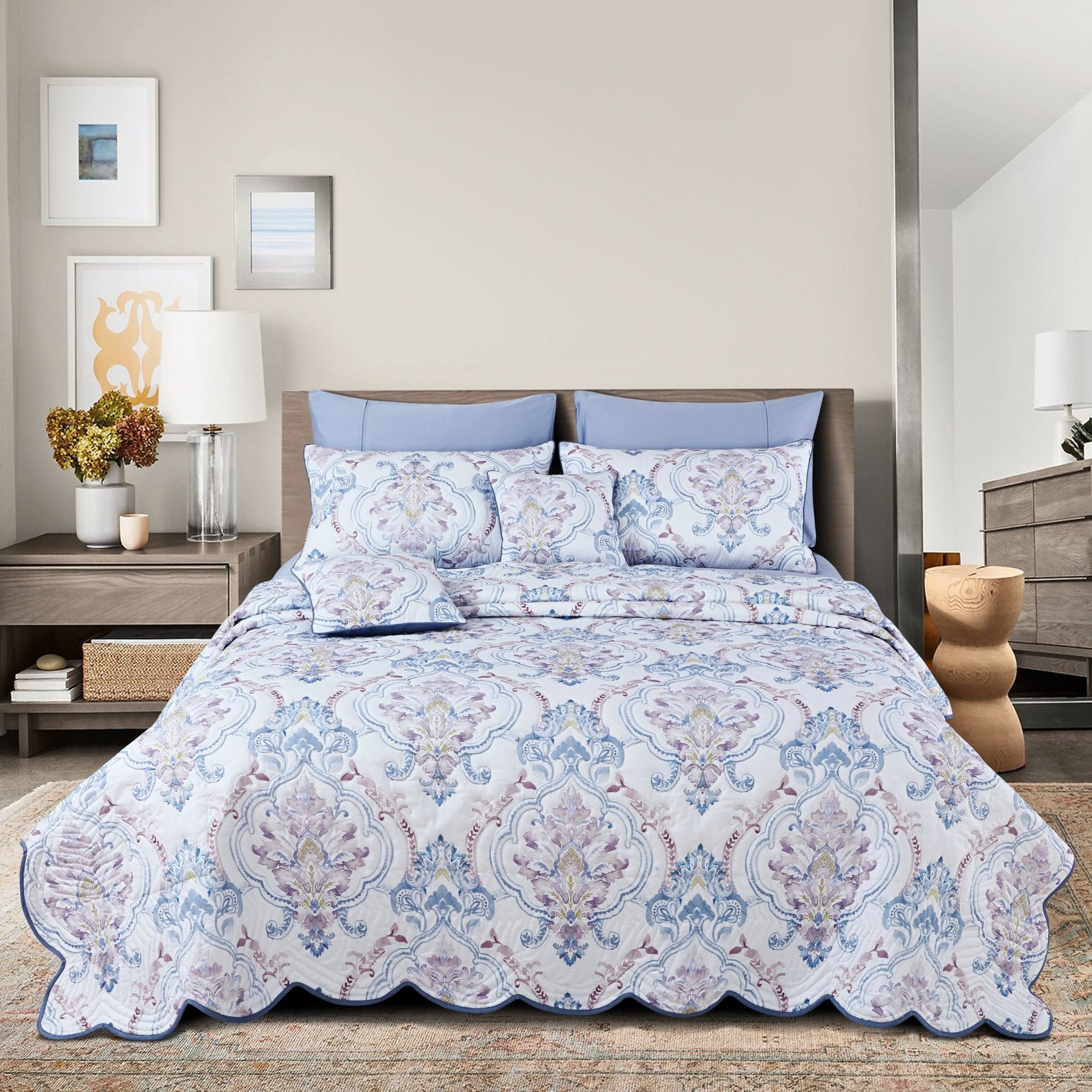 Malako Royale White & Blue Ethnic 100% Cotton King Size Quilted Bed Cover - MALAKO