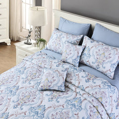 Malako Royale White & Blue Ethnic 100% Cotton King Size Quilted Bed Cover - MALAKO