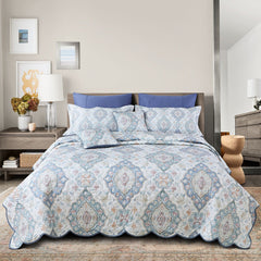 Malako Royale White & Blue Ethnic 100% Cotton King Size Quilted Bed Cover - MALAKO