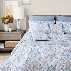 Malako Royale White & Blue Ethnic 100% Cotton King Size Quilted Bed Cover - MALAKO