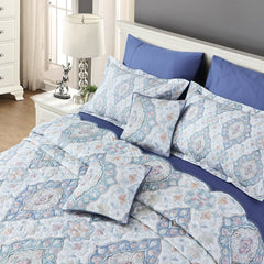 Malako Royale White & Blue Ethnic 100% Cotton King Size Quilted Bed Cover - MALAKO