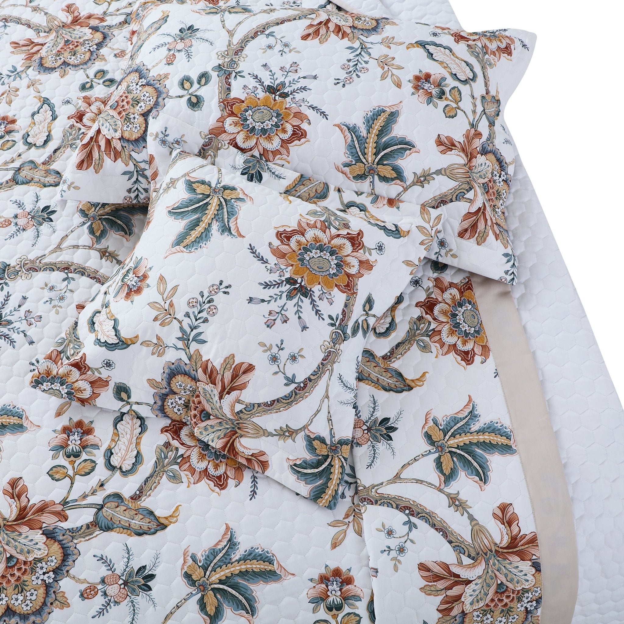 Malako Royale White Botanical 100% Cotton King Size Quilted Bedspread - MALAKO