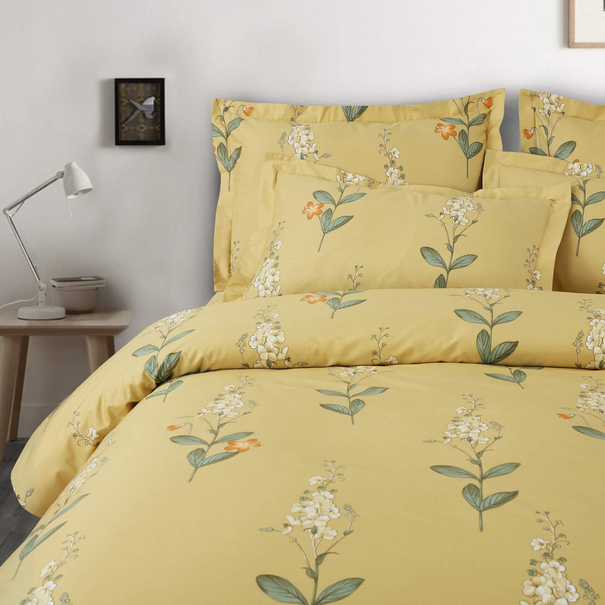 Malako Royale XL Bedding Set - Yellow Botanic 100% Cotton King Size Bedsheet With Comforter - MALAKO