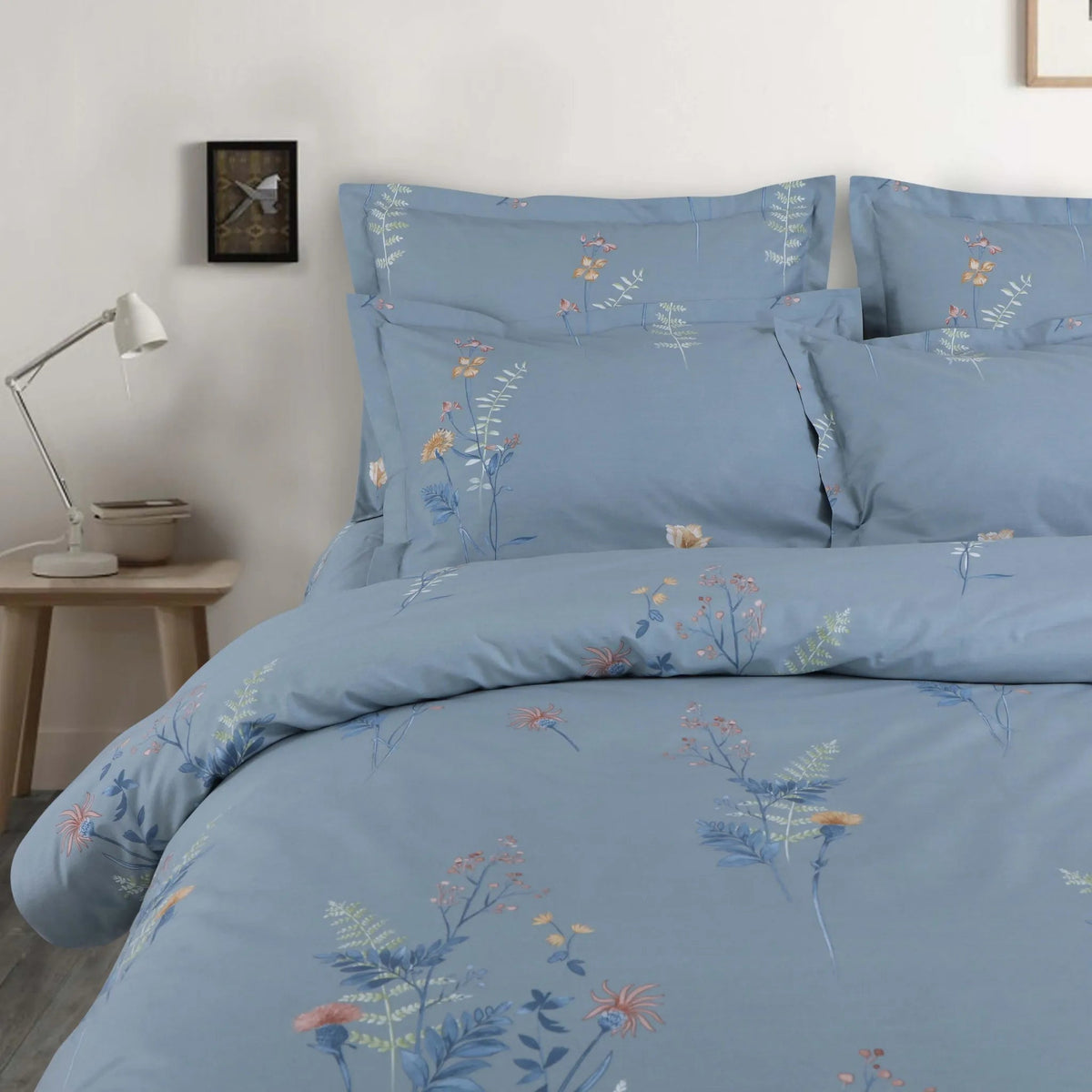 Malako Royale XL Pigeon Blue Botanic 100% Cotton King Size Bed Sheet/Bedding Set - MALAKO