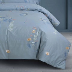 Malako Royale XL Pigeon Blue Botanic 100% Cotton King Size Bed Sheet/Bedding Set - MALAKO