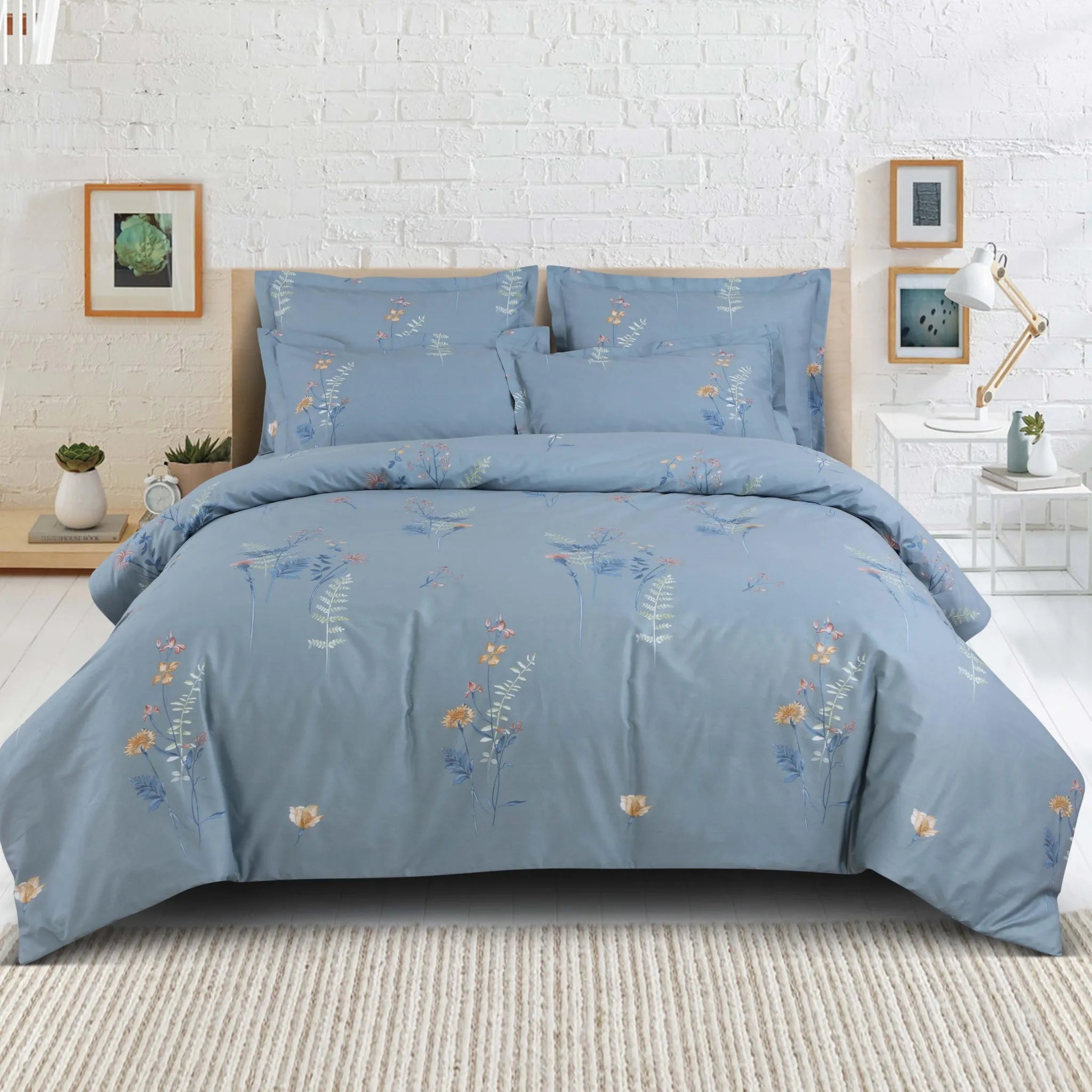 Malako Royale XL Pigeon Blue Botanic 100% Cotton King Size Bed Sheet/Bedding Set - MALAKO