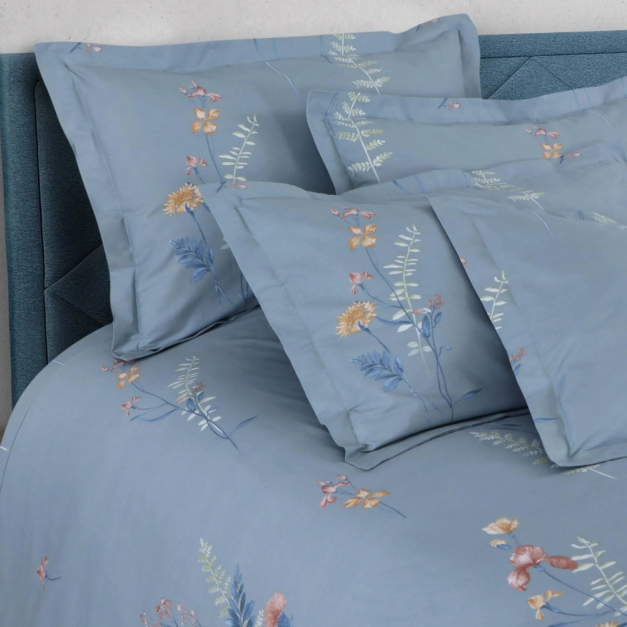 Malako Royale XL Pigeon Blue Botanic 100% Cotton King Size Bed Sheet/Bedding Set - MALAKO