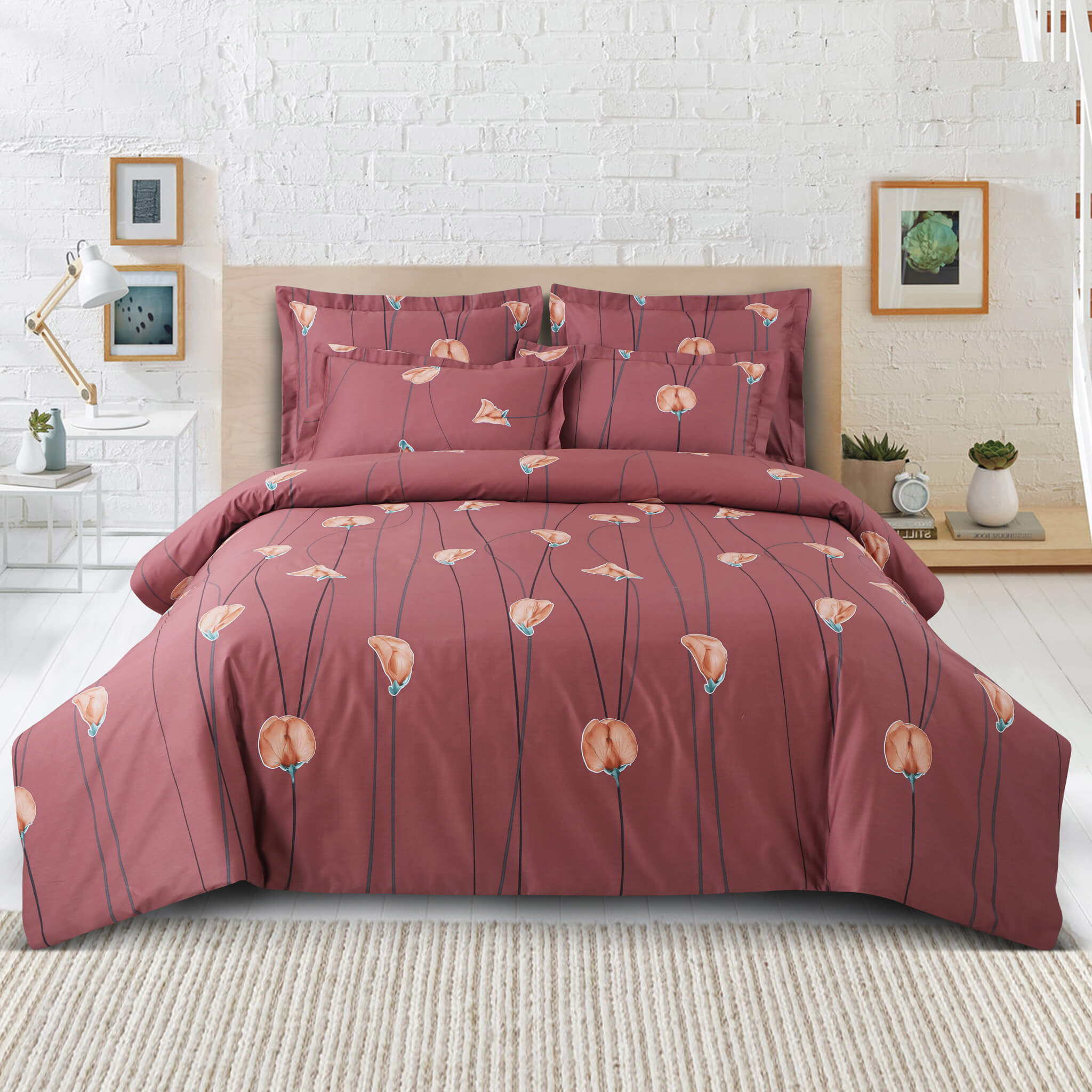 Malako Royale XL Red Botanic 100% Cotton King Size Bed Sheet/Bedding Set - MALAKO