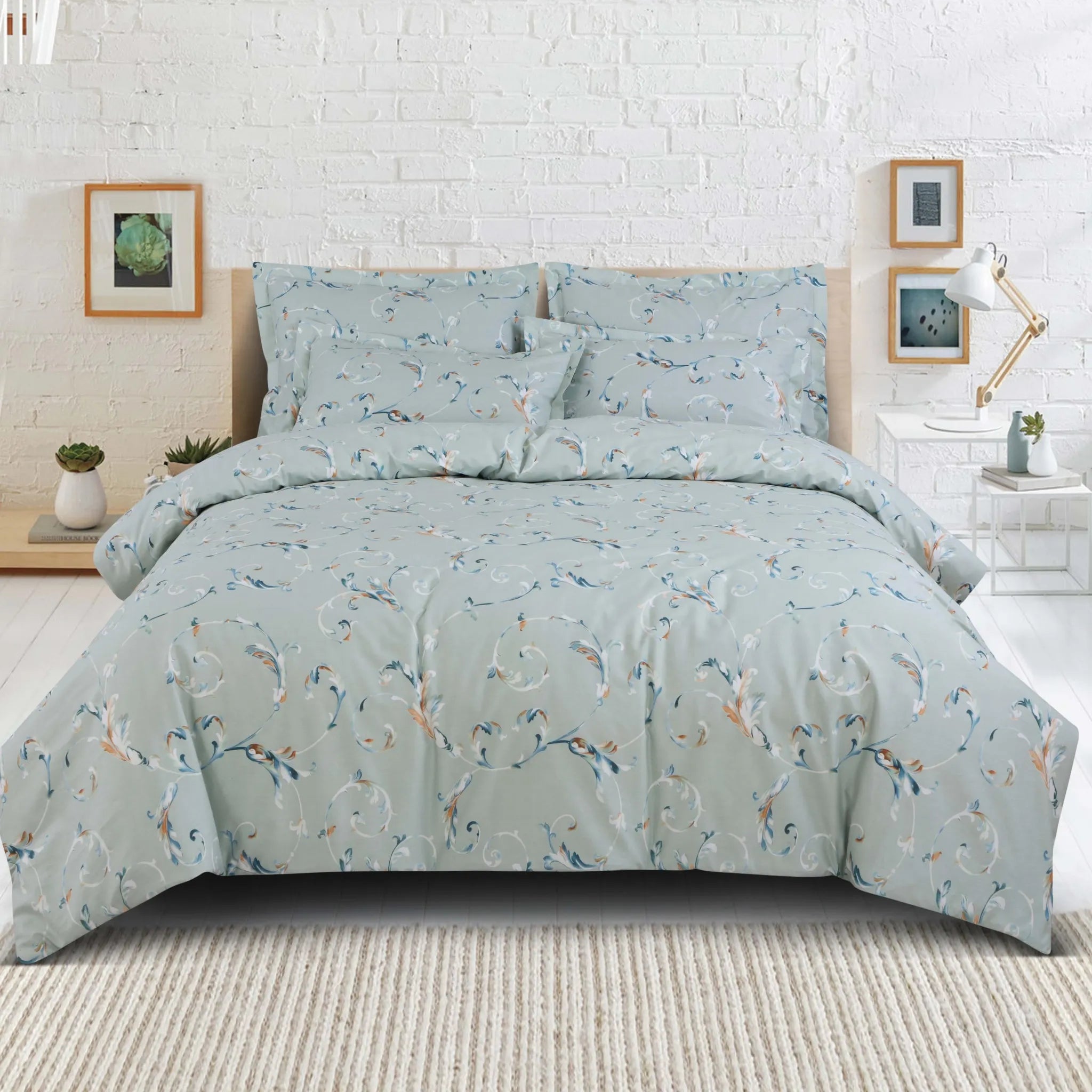 Malako Royale XL Sage Green Botanic 100% Cotton King Size Bed Sheet/Bedding Set - MALAKO