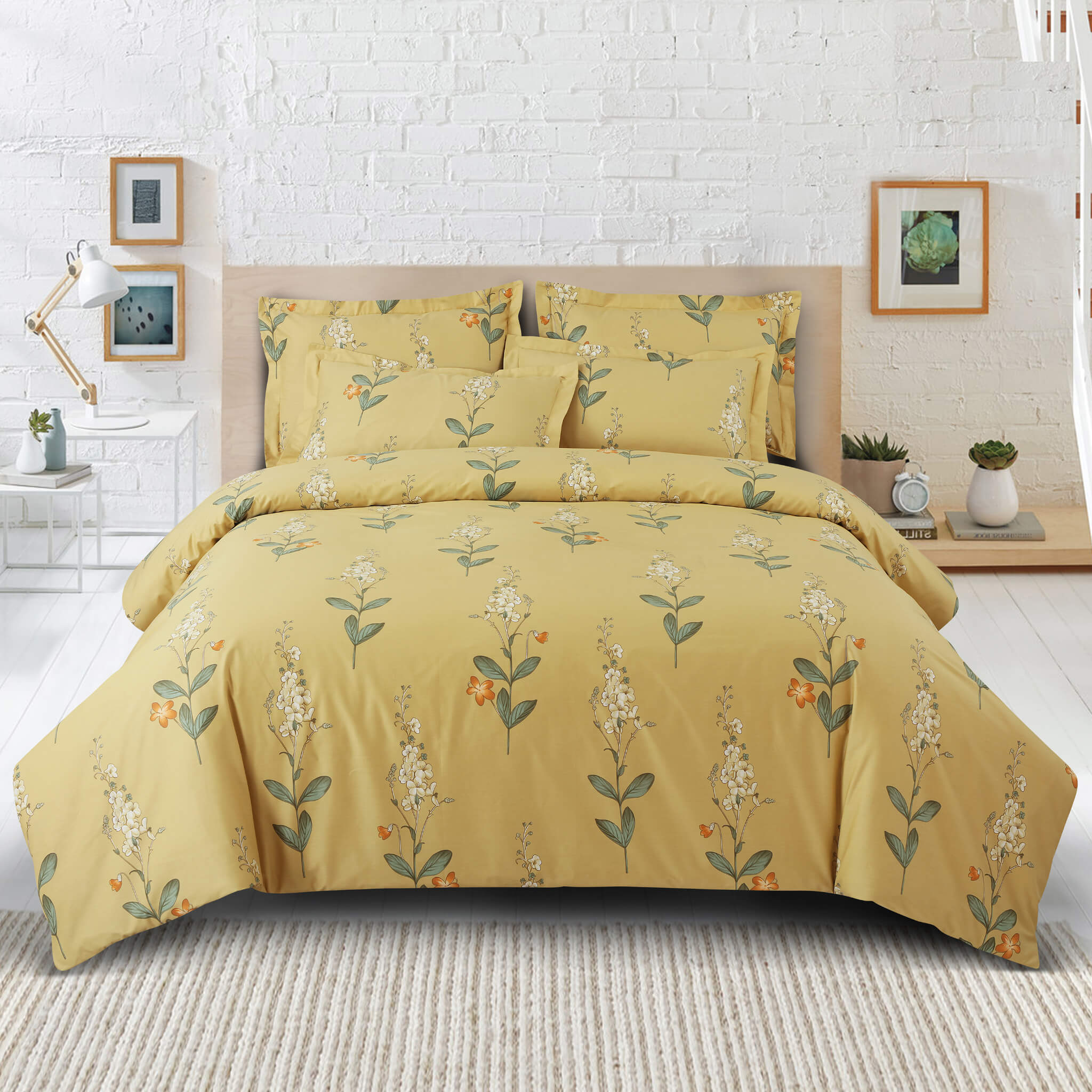 Malako Basel Yellow Botanic 100 Cotton King Size Bedding Super King B 6 Piece Bedding Set