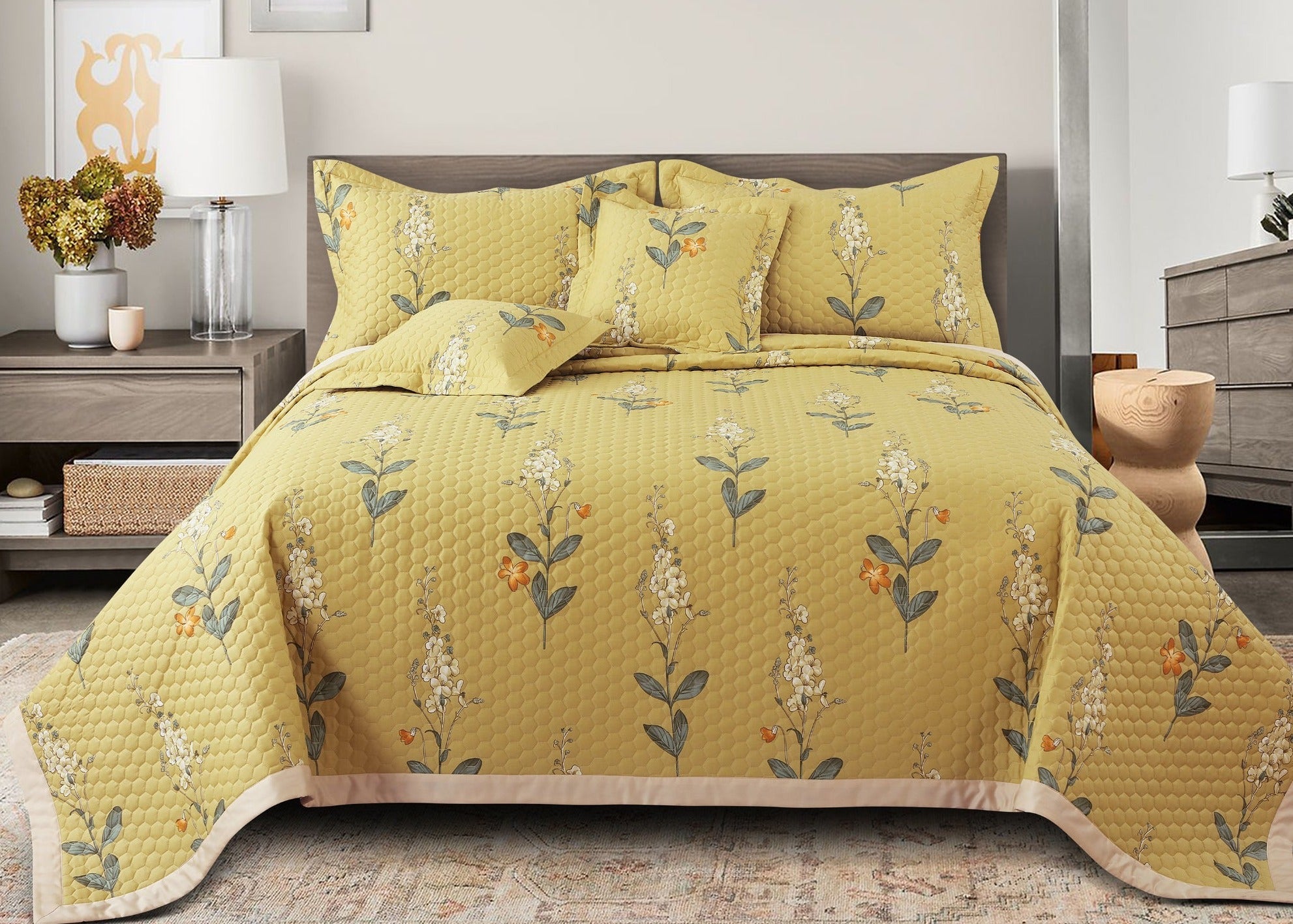 Malako Royale Yellow Botanical 100% Cotton King Size Quilted Bedspread - MALAKO